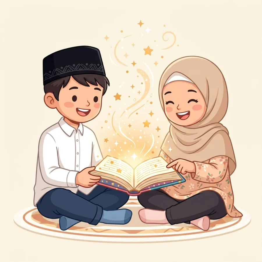 Ilustrasi santriwan dan santriwati membaca buku digital interaktif bersama